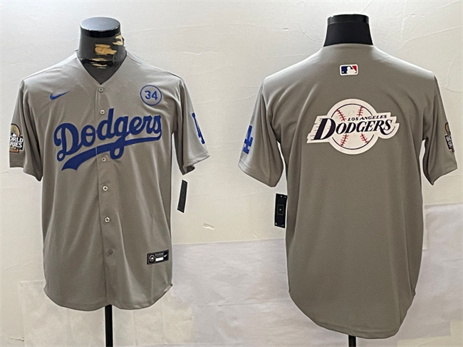 Men's Los Angeles Dodgers Team Big Logo Grey 2024 World Series With No. 34 Patch Limited Stitched Baseball Jersey Men's Los Angeles Dodgers Team Big Logo Grey 2024 World Series With No. 34 Patch Limited Stitched Baseball Jersey